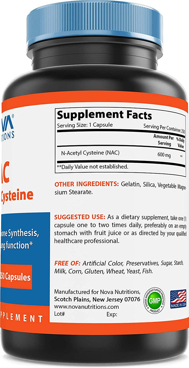 Nova Nutritions N-Acetyl L-Cysteine (NAC) 600Mg - 250 Capsules (Non-Gmo & Gluten Free)