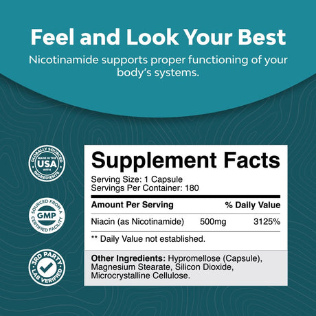 Vitamin B3 Nicotinamide 500Mg Capsules - Mitochondrial Energy and anti Aging Skin Supplement - AKA Vitamin B3 Niacin 500Mg Flush Free and Niacinamide 500Mg - Flush Free Niacin Supplement - 180 Count