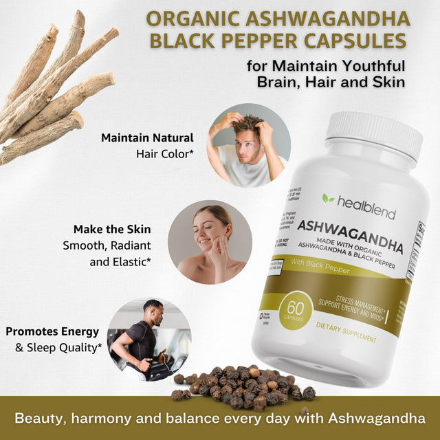 Healblend Organic Ashwagandha Supplement 1300Mg with Black Pepper Extract - Supports Stress Relief, Immune, Energy, Stamina & Mood, 100% Pure - 60 Capsules