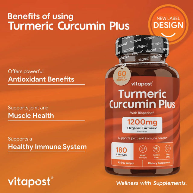 Vitapost Turmeric Curcumin plus Supplement for Joint, Muscle, Immune System Support - 180 Capsules