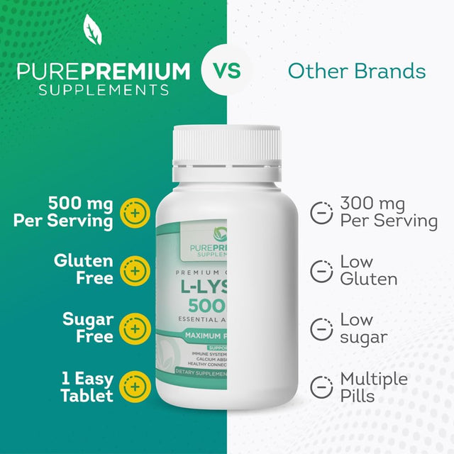 Purepremium L-Lysine 500 Mg - Lysine Supplement - Essential Amino Acid with Maximum Strength - Immune Support Supplement - Pure Lysine 500Mg for Fast Absorption - 7 Months Supply - 200 Tablets