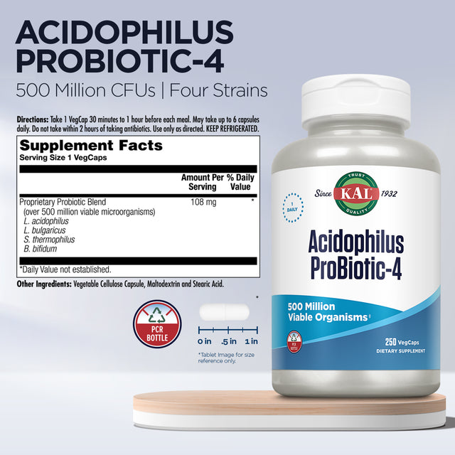 KAL Acidophilus Probiotic - 4 | for Intestinal Flora Nutritive Support | 500 Million Cfus, 4 Strains | for Men & Women | Vegetarian Capsules | 250Ct