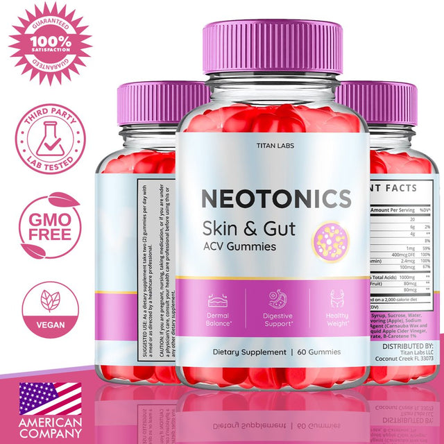 (5 Pack) Neotonics Skin and Gut ACV Gummies - Apple Cider Vinegar Supplement for Dermal Balance, Digestive Support, Healthy Weight - Dietary Supplements for Skin and Gut - 300 Gummies