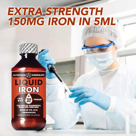 Liquid Iron Highest Concentration 150Mg Vegan + Vitamin B12, Folic Acid Supplement 4 Fl Oz (23 Servings)