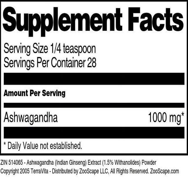 Terravita Ashwagandha (Indian Ginseng) Extract (1.5% Withanolides) Powder, (1 Oz, 1-Pack, Zin: 514065)