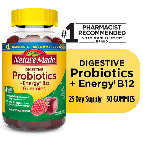 Nature Made Digestive Probiotics and Energy B12 Gummies, Digestive Health Support Supplement, 50 Count