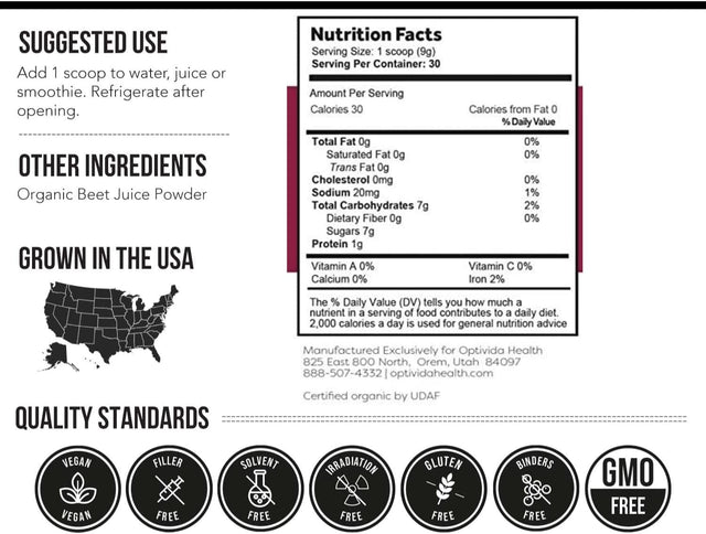 OPTIVIDA Nitric Oxide Beet Powder Organic | All Natural Beets Roots Supplements | Support Blood Flow, Heart & Liver Health | Vegan, Non-Gmo, and Gluten Free 30 Servings