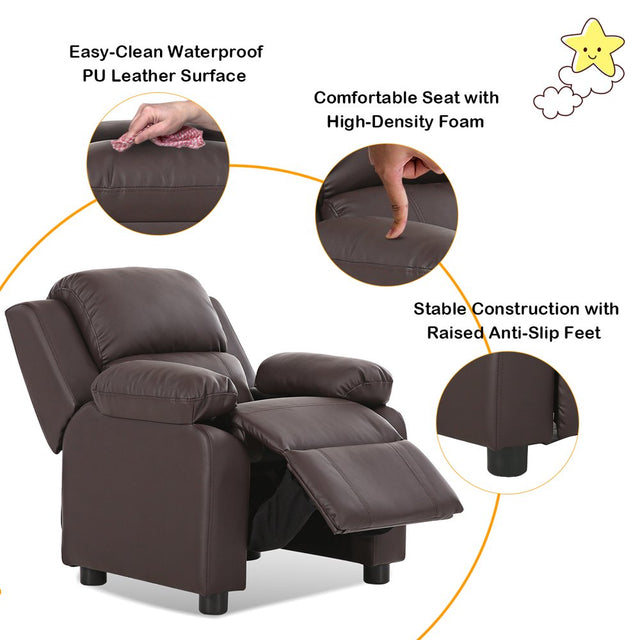 Deluxe Padded Kids Sofa Armchair Recliner Headrest Children W/ Storage Arm Brown