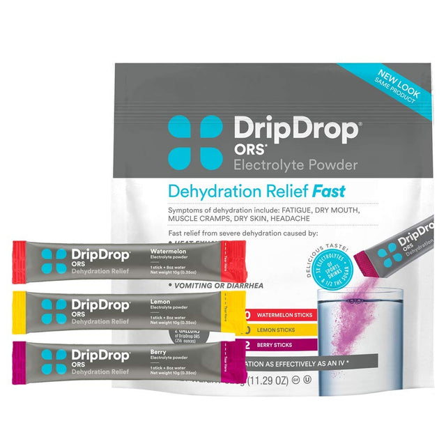 Dripdrop ORS - Electrolyte Powder for Dehydration Relief Fast - for Workout, Sweating, Illness, & Travel Recovery - Watermelon, Berry, Lemon Variety Pack - 32 X 8Oz Servings