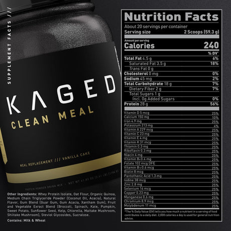 Kaged Clean Meal Replacement Shake with Whey Protein Isolate | Vanilla Cake| Clean Carbs | MCT Oil Fats | Organic Vitamins and Minerals | 20 Servings