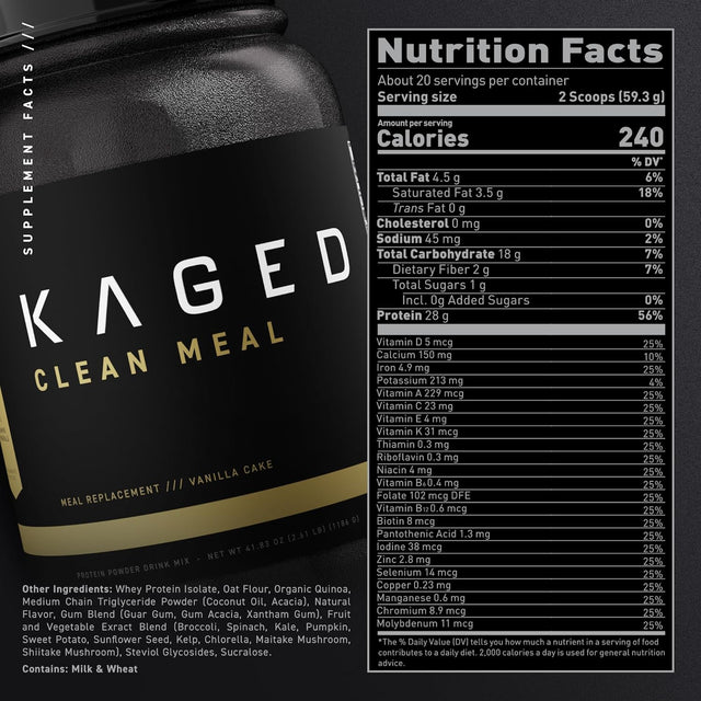 Kaged Clean Meal Replacement Shake with Whey Protein Isolate | Vanilla Cake| Clean Carbs | MCT Oil Fats | Organic Vitamins and Minerals | 20 Servings