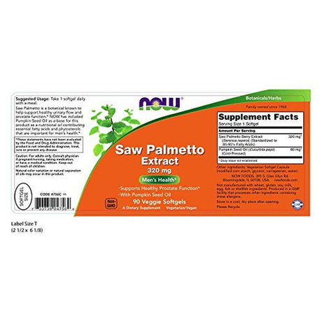 NOW Supplements, Saw Palmetto Extract 320 Mg with Pumpkin Seed Oil, Men'S Health*, 90 Veg Softgels