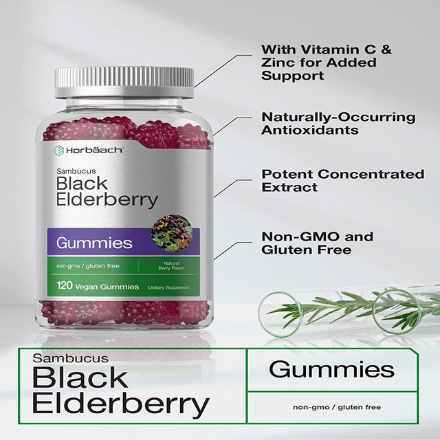 Black Elderberry with Zinc & Vitamin C | 120 Vegan Gummies | Natural Berry Flavor | by Horbaach