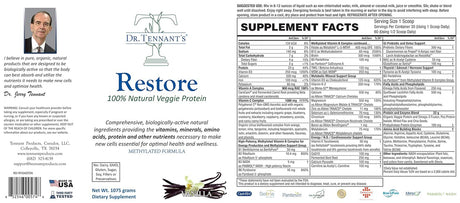 Dr. Tennant'S Restore Vanilla Veggie Protein | Premium Plant-Based Protein - 100% Natural Veggie Protein and Omega 3 Fusion, Including Pea Protein Isolate - Low Carb, Keto, Dairy Free - 30 Day Supply