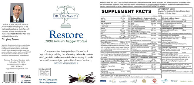 Dr. Tennant'S Restore Vanilla Veggie Protein | Premium Plant-Based Protein - 100% Natural Veggie Protein and Omega 3 Fusion, Including Pea Protein Isolate - Low Carb, Keto, Dairy Free - 30 Day Supply