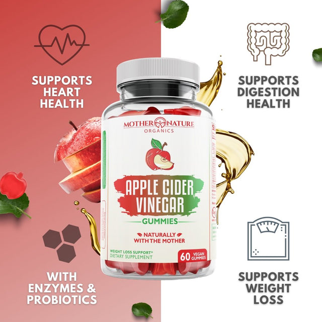 Apple Cider Vinegar Gummies | Supplement for Weight Loss, Boost Immune System and Flush Impurities with Mother Nature Organics | Vegan, Gluten-Free, Non-Gmo, and Allergen-Free | 60Ct Gummies