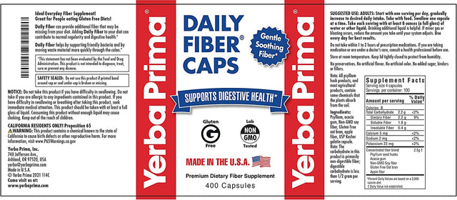 Yerba Prima Daily Fiber Caps Formula, 400 Capsules - Both Soluble and Insoluble - with Psyllium Seed Husks, Acacia Gum, Apple Fiber and More - Dietary Supplement