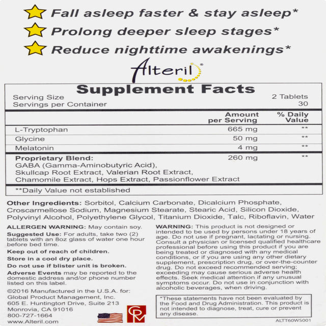 Alteril All Natural Sleep Aid Relaxing & Faster Asleep W/ L-Tryptophan, 60Ct