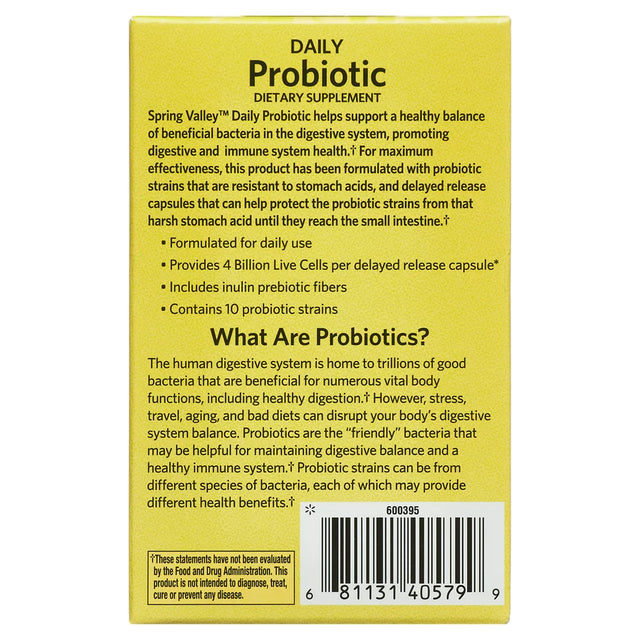 Spring Valley Daily Probiotic Supplement Delayed-Release Capsules, Digestive Concerns, 60 Count