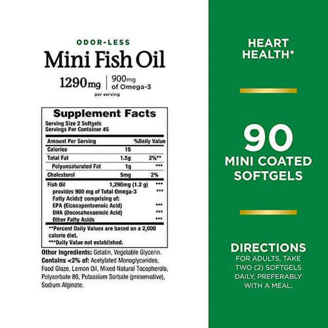 Natureâ€™S Bounty Mini Fish Oil Softgels 1290 Mg, Omega-3, Supports Heart Health, Odor-Less, 90 Mini Coated Softgels