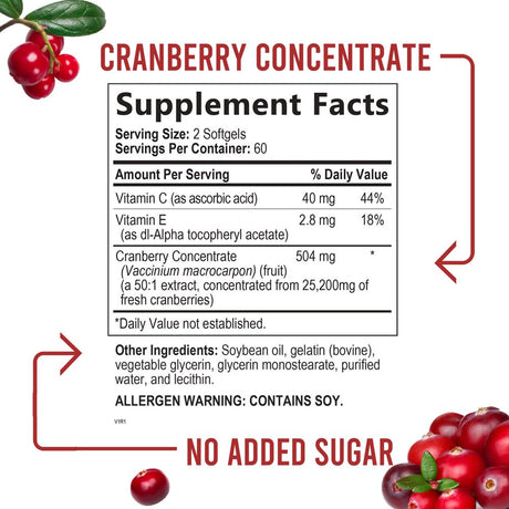 Cranberry Supplement Pills + Extra Strength Vitamin C & E, 25,200Mg Formula Supports Urinary Tract Health Non-Gmo and Gluten Free Nature'S Cranberry Pill Supplement - 120 Softgels