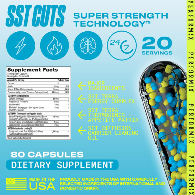 PERFORMIX - SST Cuts - Thermogenic with CLA - Energy, Focus & Mood - Metabolism Support - Appetite Control - Nootropic - Caffeine, Zychrome & Teacrine - Pre Workout - Men & Women - 80 Servings