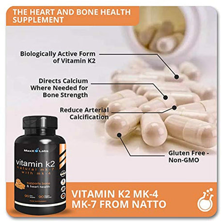 Best Vitamin K2 - 600 Mcg - Full Spectrum - All Natural MK7 Natto and MK4 plus Calcium 100 Mg - Vitamins K MK-7 + MK-4 - No Gmos, Vegan K2-MK7 Supplement Complex K2-7 M7 - 90 Veggie Caps