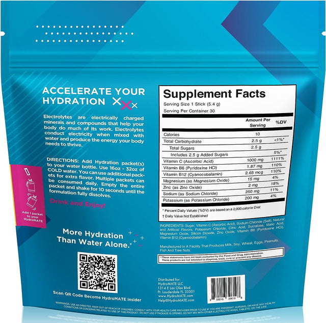 Hydromate Electrolytes Powder Packets Fruit Punch Low Sugar Hydration Accelerator Electrolyte Drink Mix Stick Pacls Party Favors with Vitamin B12 for Recovery and Dehydration Relief 30 Count