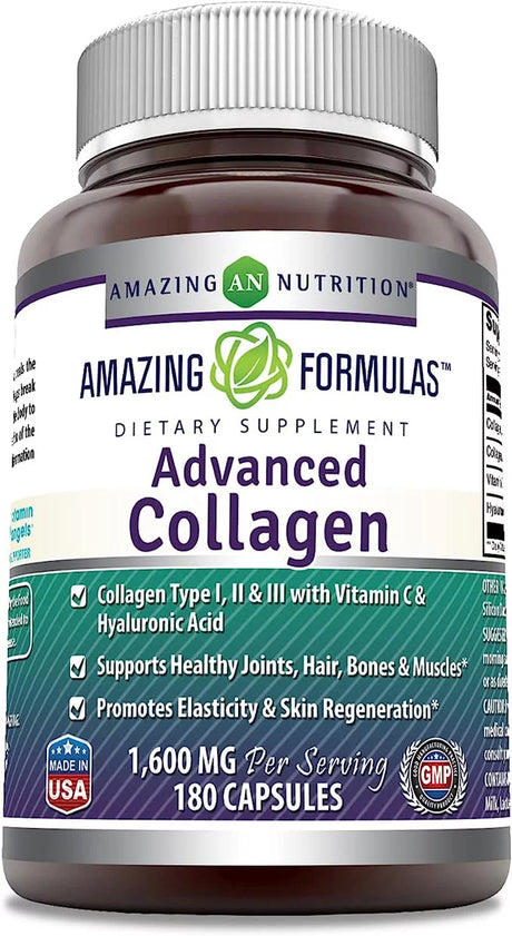 Amazing Formulas Advanced Collagen 1600Mg per Serving Supplement | Collagen Type I, II & III with Vitamin C & Hyaluronic Acid | 180 Veggie Capsules | Non-Gmo | Gluten Free | Made in USA