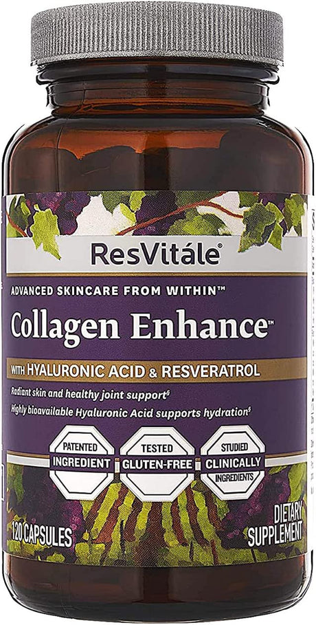 Resvitale Collagen Enhance anti Aging Skin Care Collagen Supplement - Hydrolyzed Collagen Peptides with Hyaluronic Acid and Resveratrol - Skin Food & Joint Support Collagen Capsules, 1000Mg, 120 Caps