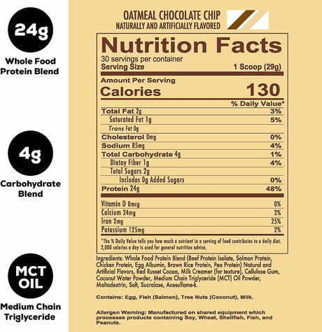 REDCON1 MRE Lite Whole Food Protein Powder, Oatmeal Chocolate Chip - Low Carb & Whey Free Meal Replacement with Animal Protein Blends - Easy to Digest Supplement Made with MCT Oils (30 Servings)