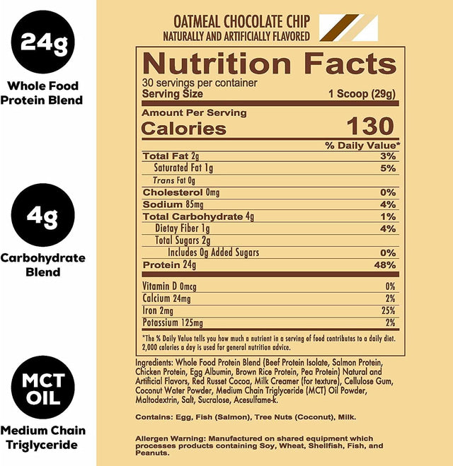 REDCON1 MRE Lite Whole Food Protein Powder, Oatmeal Chocolate Chip - Low Carb & Whey Free Meal Replacement with Animal Protein Blends - Easy to Digest Supplement Made with MCT Oils (30 Servings)