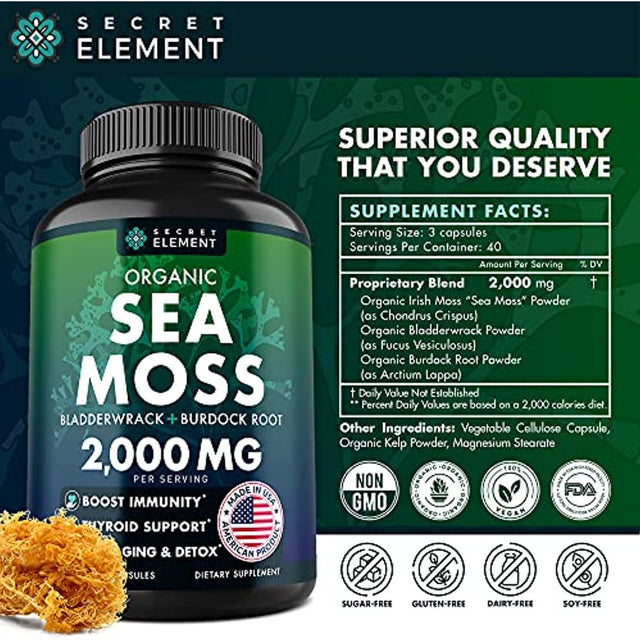 Organic Sea Moss Capsules - Burdock Root, Irish Moss and Bladderwrack Capsules - Immune System, Gut Cleanse & Thyroid Supplement - 120 Irish Seamoss Pills with All-Natural Sea Moss Powder