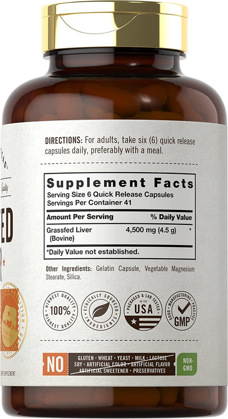 Grass Fed Beef Liver Capsules 4500Mg | 250 Count | Desiccated Supplement | Non-Gmo, Gluten Free | by Herbage Farmstead