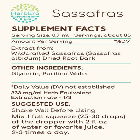 Sassafras Alcohol-Free Herbal Extract Tincture, Super-Concentrated Organic Sassafras (Sassafras Albidum) Dried Root Bark 2 Oz