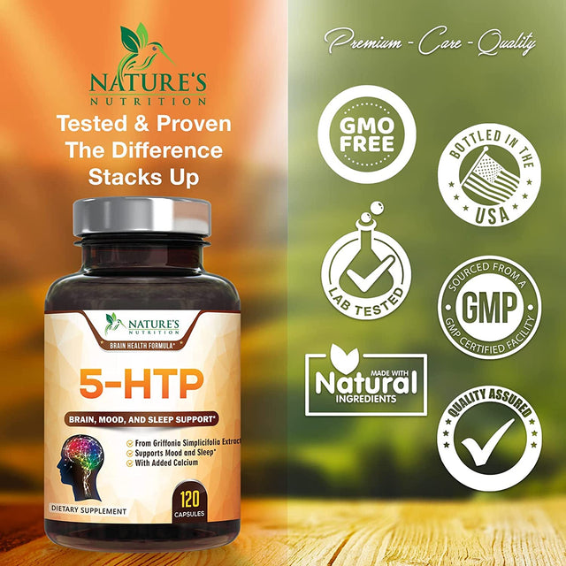 5-HTP Capsules 200 Mg 5HTP plus Calcium for Calm and Mood Support - Extra Strength 5 HTP - 5 Hydroxytryptophan Supplement - Premium, Natural, Gluten Free, and Non-Gmo - 120 Vegetarian Capsules