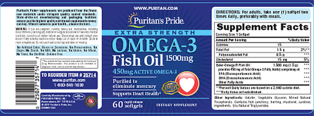 Puritan'S Pride Extra Strength Omega-3 Fish Oil 1500 Mg (450 Mg Active Omega-3)