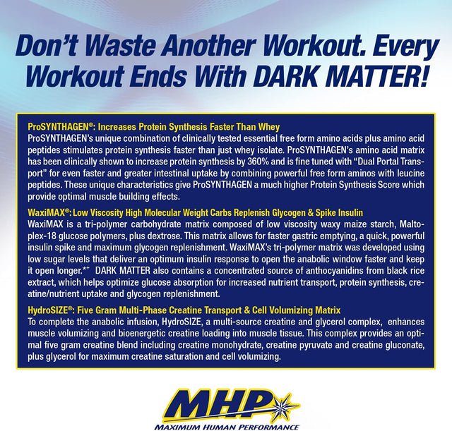 Maximum Human Performance MHP Dark Matter Post Workout, Muscle Building, Recovery, Multi Phase Creatine, Waxy Maize Carbohydrate, 6 G Eaas, Grape, 20 Servings, 55.04 Oz