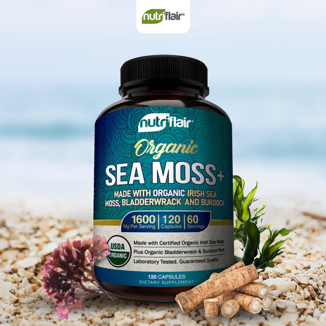 Nutriflair USDA Certified Organic Sea Moss Capsules 1600Mg, 120 Capsules - Immunity, Gut, Energy - Superfood Sea Moss Supplements with Raw Sea Moss Powder for Women and Men