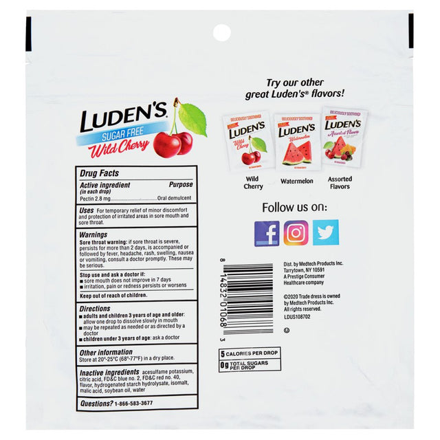 Luden'S Sore Throat Drops, for Minor Sore Throat Relief, Sugar Free Wild Cherry, 75 Count