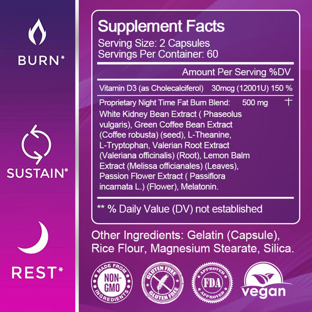 Beworths Night Time Slimming Fat Burning Capsules Vitamin D3 Boost Metabolism Diet Supplement -120CT