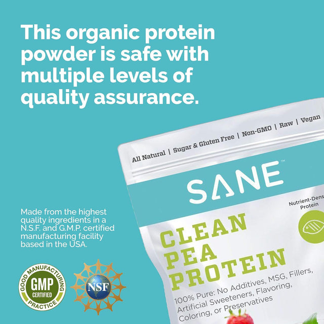 SANE Protein Powder Vegan + Unflavored Raw Pea + 26 Grams of Protein per Serving, Organic Plant Based Vegan Protein Powder, Gluten Free + Cholesterol Free + Soy Free