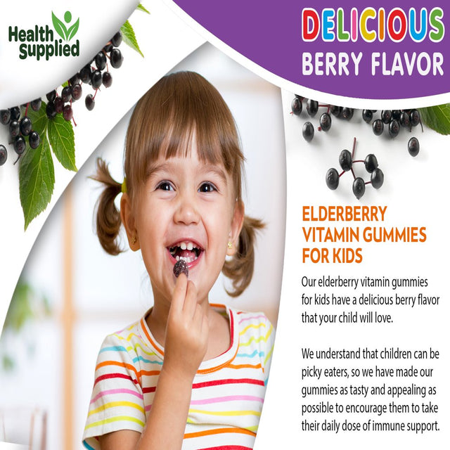 Health Supplied Sambucus Black Elderberry Gummies for Kids | Triple Immune Support | Elderberry plus Vitamin C & D