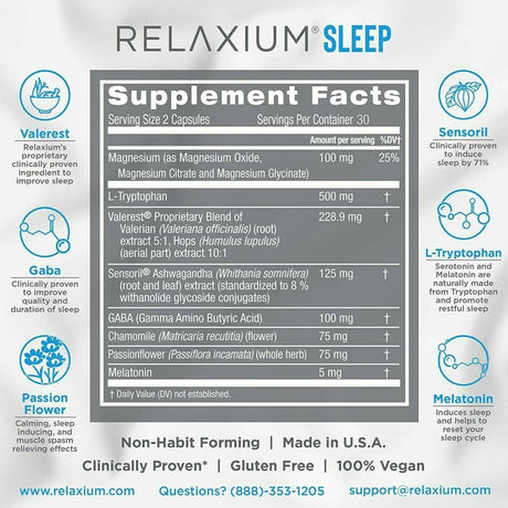 Relaxium - Natural Sleep Aid - Non-Habit Forming Sleep Supplement 60 CP - Pack of 1