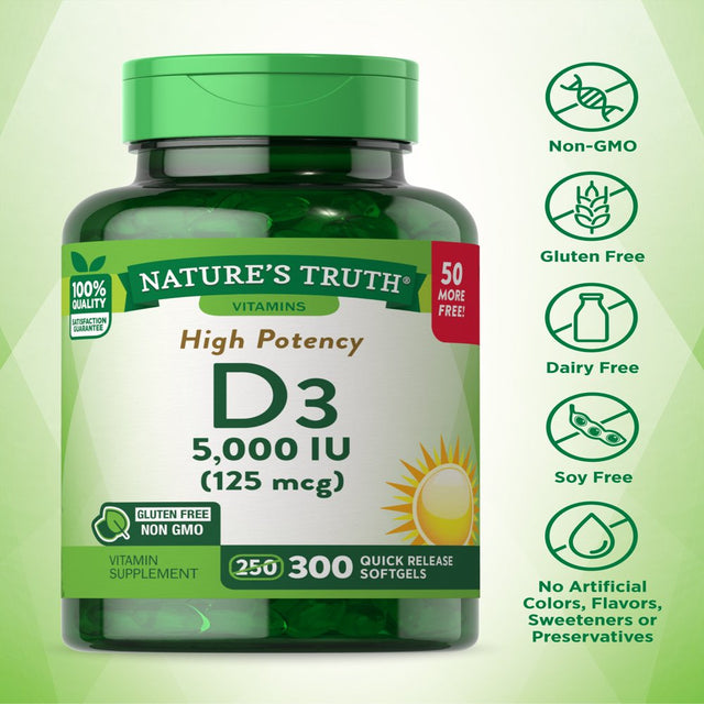 Nature'S Truth Vitamin D3 5000 IU | 300 Softgels | High Potency Vitamin D | Non-Gmo Gluten Free