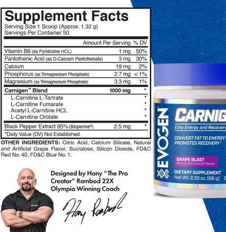 Evogen Carnigen Grape | Carnitine Fat Burning Powder, Carnitine Tartrate, Acetyl-L-Carnitine, Carnitine Orotate, Carnitine Fumarate, Bioperine, 50 Servings