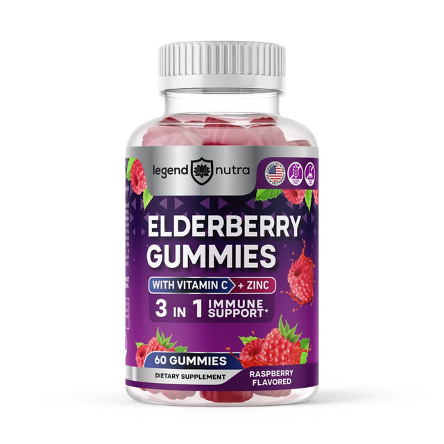 Elderberry Gummies with Vitamin C and Zinc, 3 in 1 Immune Support, 60 Count Sambucus Elderberry Gummies Raspberry Flavored, Dietary Supplement