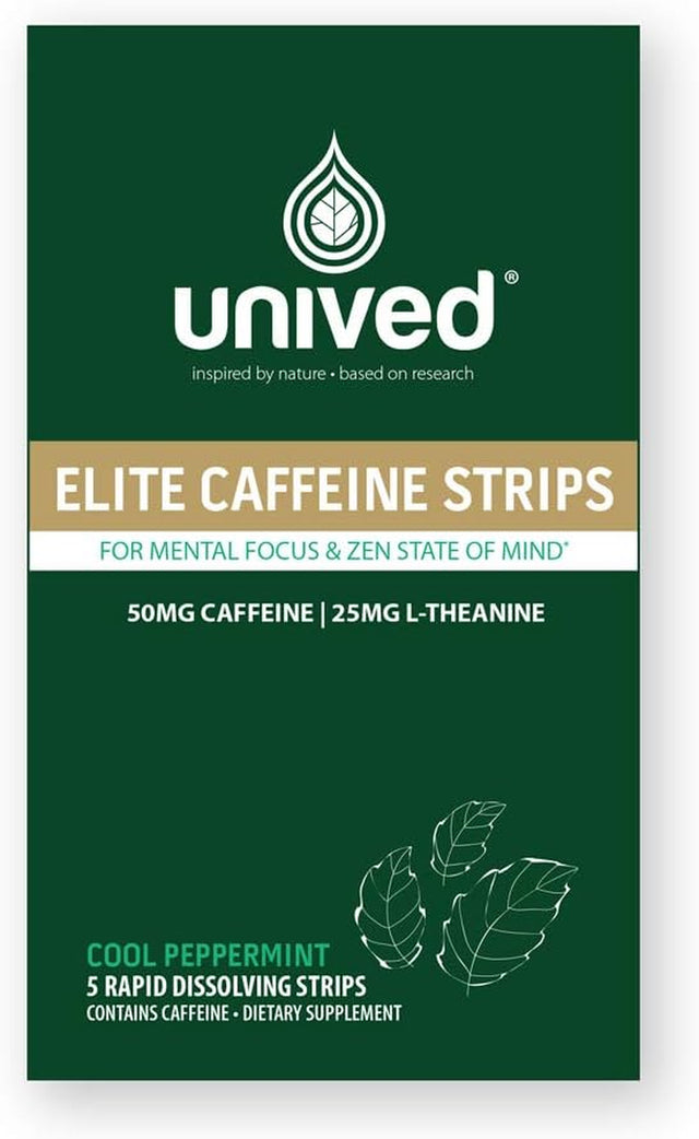 Unived Elite Caffeine Strips | Rapid Mouth Dissolving Strips | 50Mg Caffeine 25Mg L-Theanine for Mental Clarity & Focus | Pre-Workout for Strength & Endurance Athletes (25 Strips)