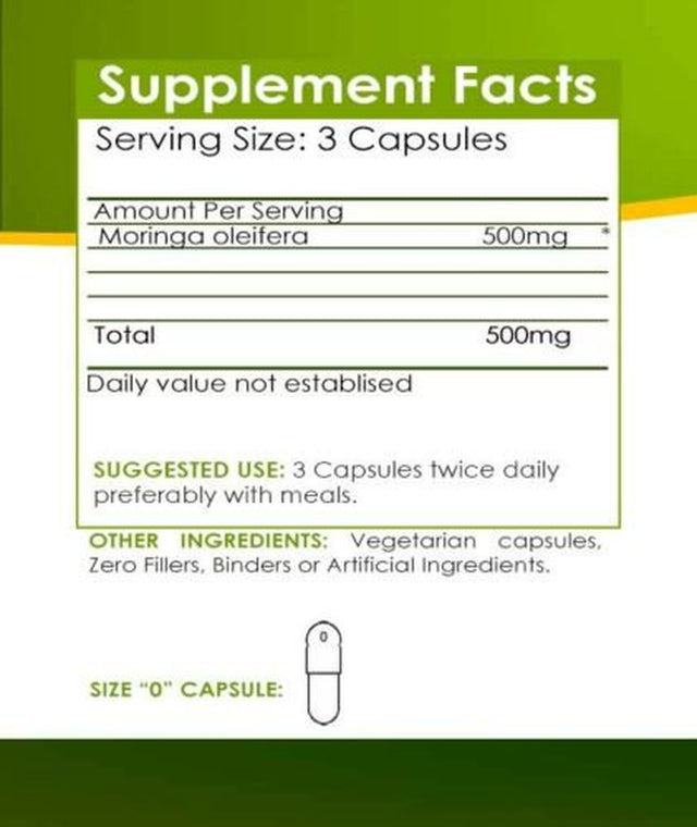 PURE ORGANIC MORINGA OLEIFERA VEGETABLE CAPSULES (500Mg)