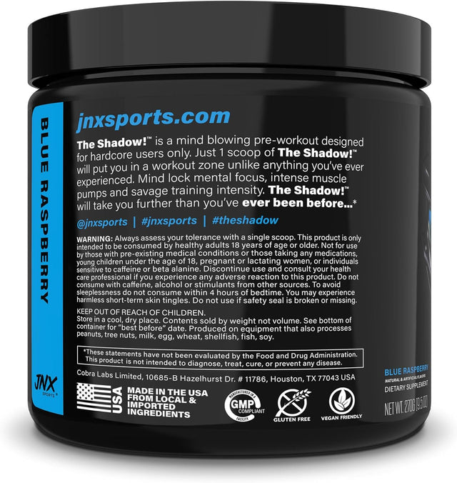 JNX SPORTS the Shadow! 350Mg of Caffeine Hard Core Preworkout -Electric Energy, Mental Focus, Superhuman Strength, Men & Women - Blue Raspberry 30 Servings